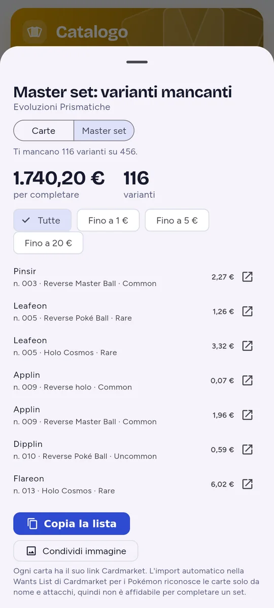 Le varianti che mancano al master set di Evoluzioni Prismatiche, con il costo per completarlo