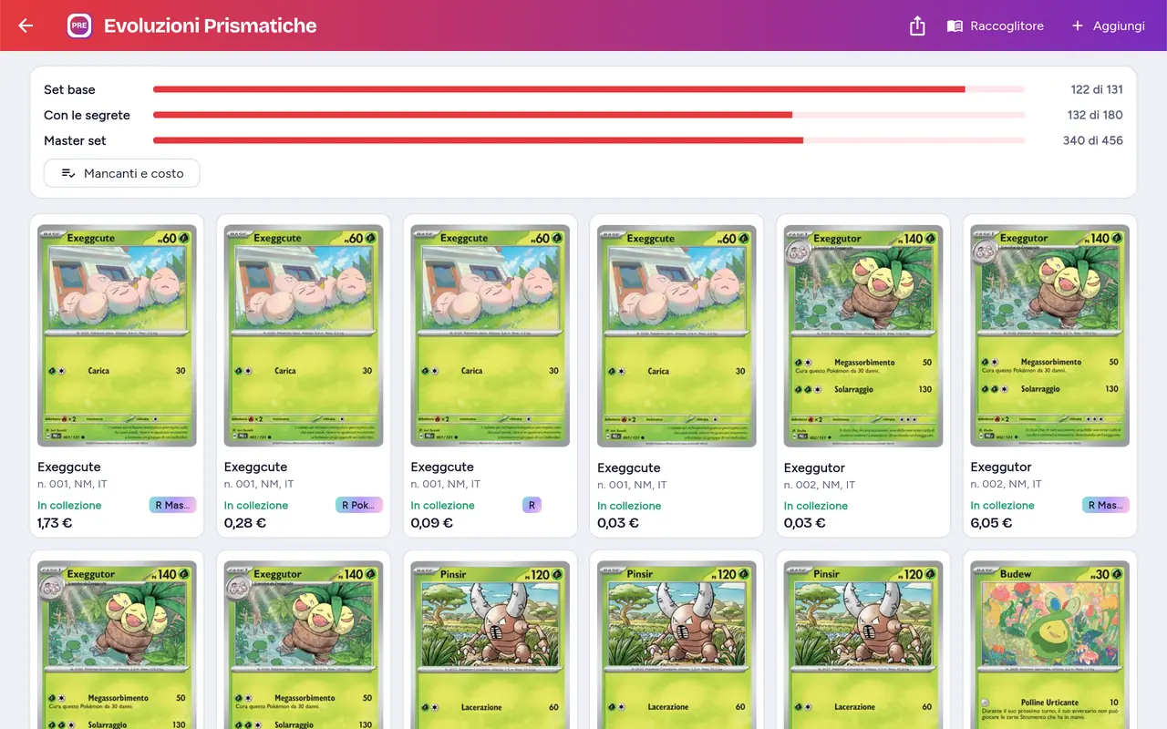 Avanzamento di Evoluzioni Prismatiche: set base, con le segrete e master set
